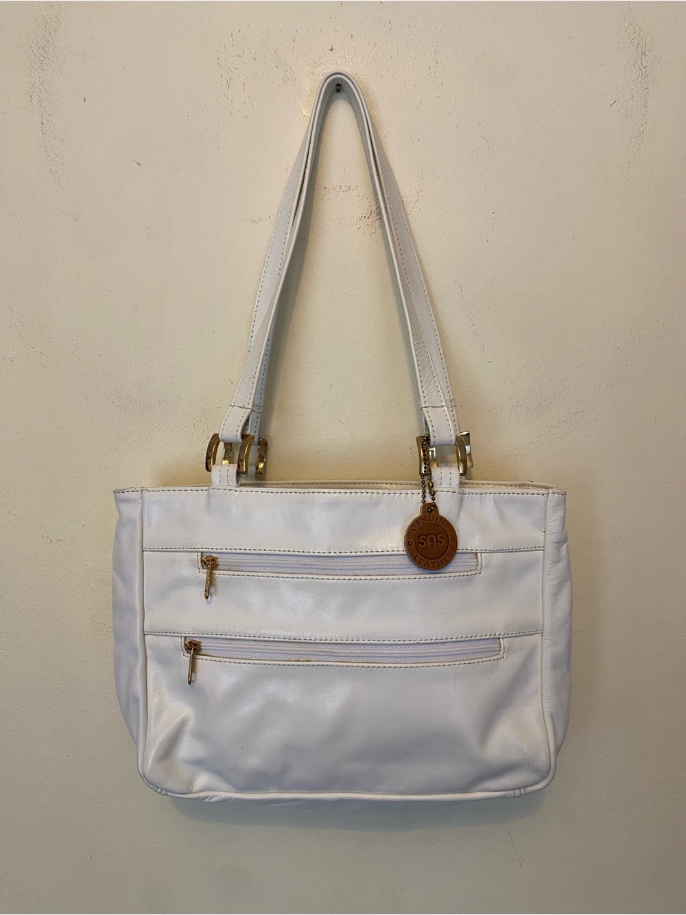 SAS White Leather Shoulder Bag Gold Hardware Multiple Zipper Compartments